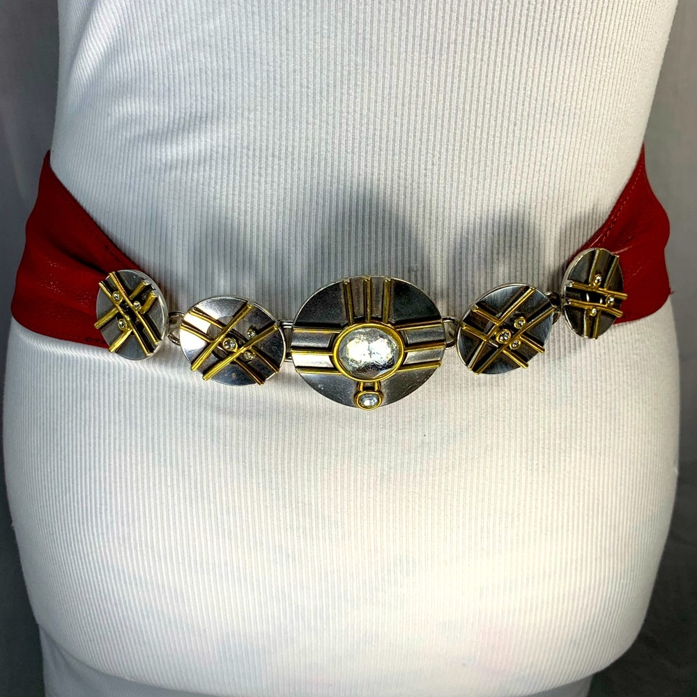 Red Elastic Waist Belt with Gold & Silver Decorative Medallions